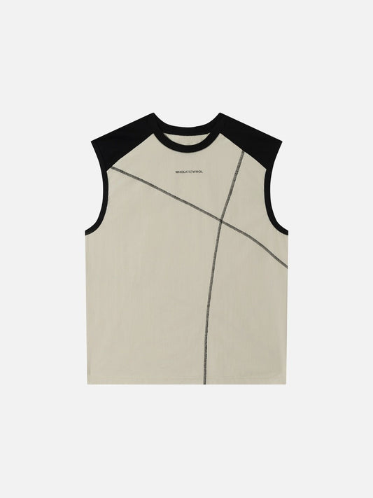 Front view of graphic sleeveless raglan top in a casual streetwear style
