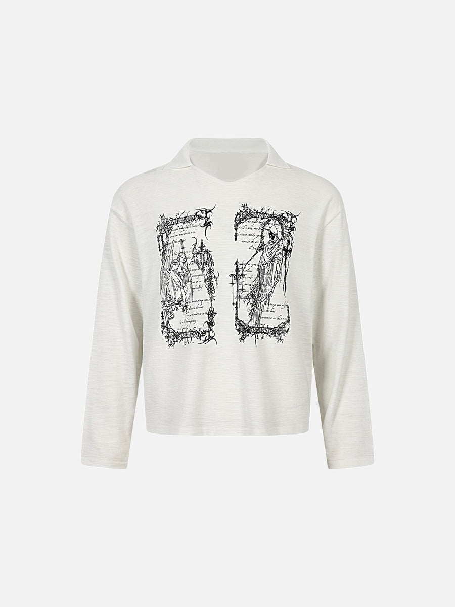 Front view of oversized graphic knit top with wing print in a relaxed fit