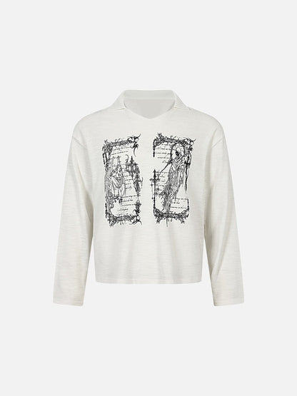 Front view of oversized graphic knit top with wing print in a relaxed fit