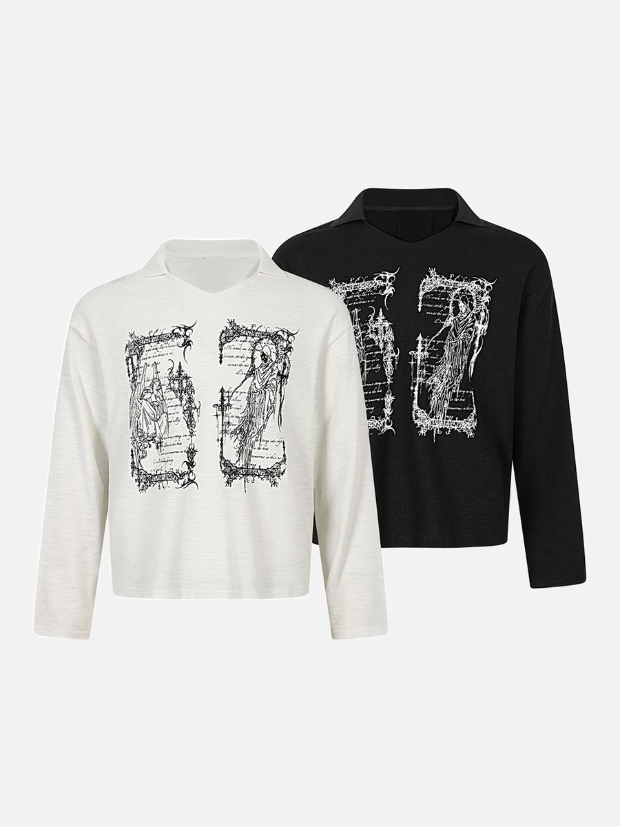 Detailed view of wing print graphic on oversized knit top