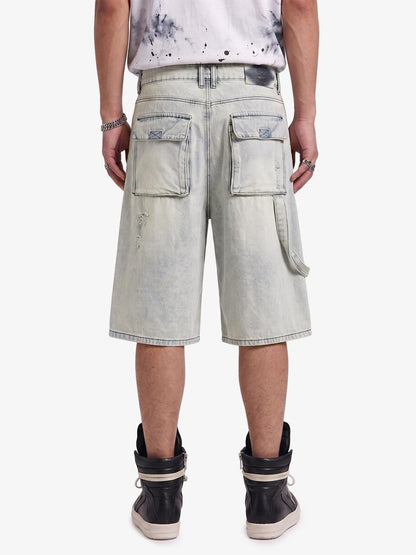 Revelse™ Distressed Denim Cargo Shorts Light Blue Oversized