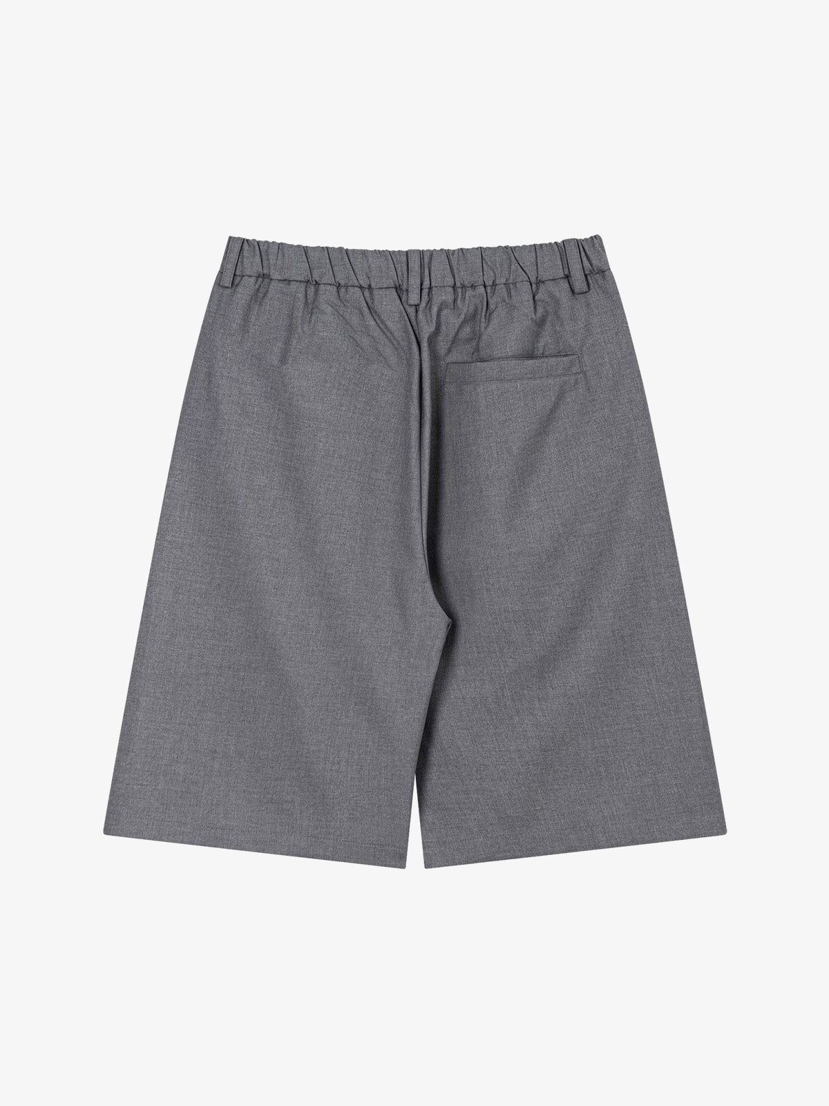 Rear view of grey tailored shorts with pleated front detailing