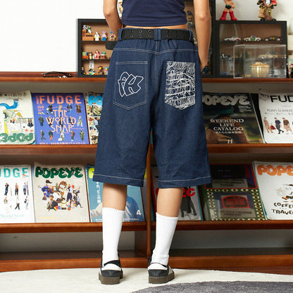 Men’s Graffiti Print Denim Shorts Hip-Hop Streetwear