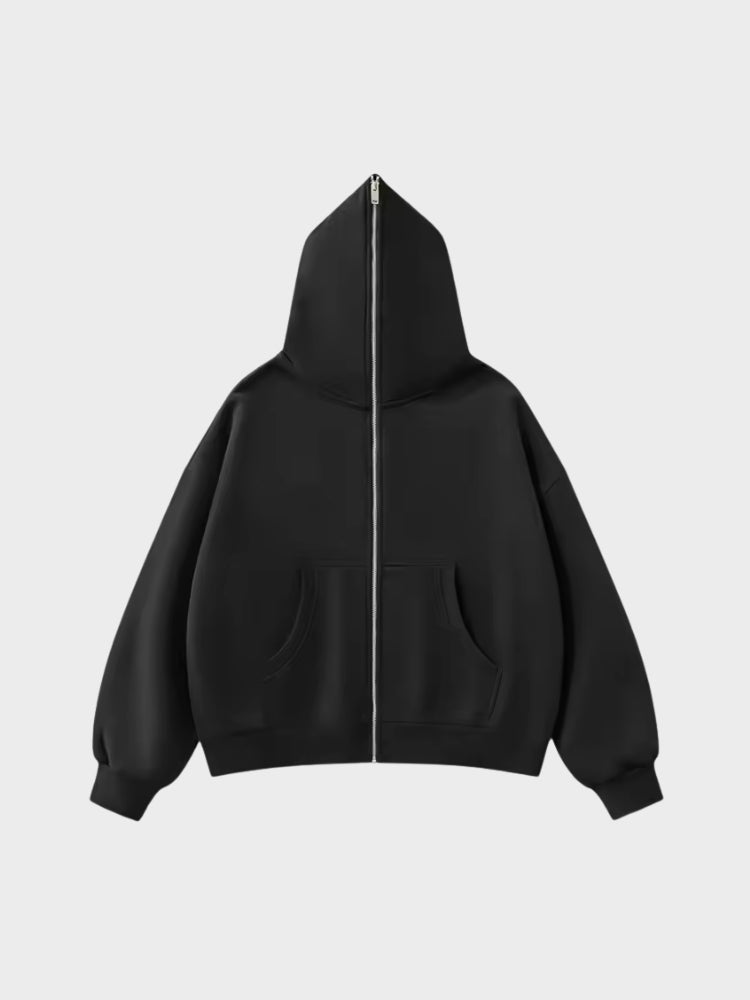 Full-Zip Fleece Hoodie Black Loose Fit