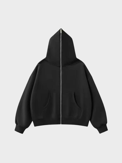 Full-Zip Fleece Hoodie Black Loose Fit