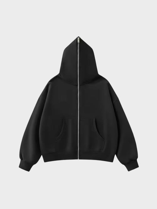 Full-Zip Fleece Hoodie Black Loose Fit