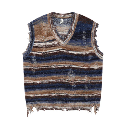 Baggy Knitted Sweater Vest Vintage Gradient Stripe Washed