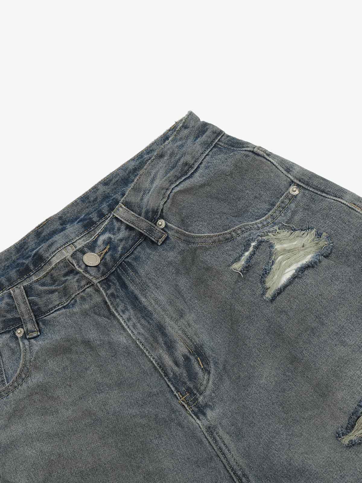 Back view of high-waisted ripped wide-leg jeans