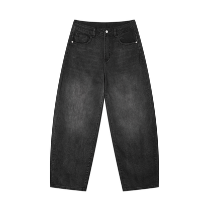 Sun-faded barrel leg jeans shown front-on with a relaxed fit and structured denim shape