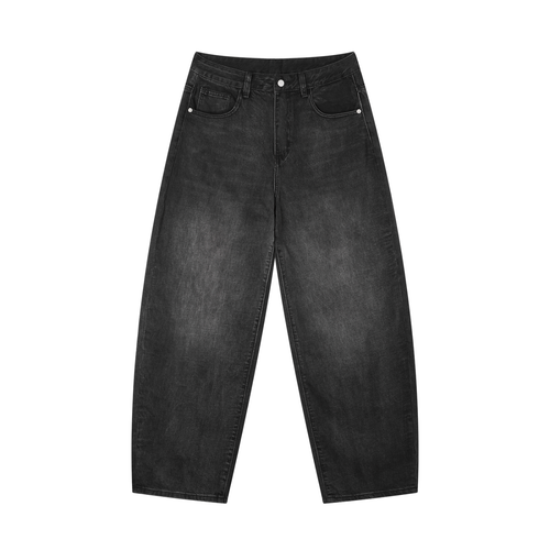 Sun-faded barrel leg jeans shown front-on with a relaxed fit and structured denim shape