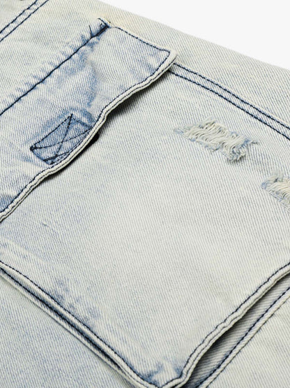 Revelse™ Distressed Denim Cargo Shorts Light Blue Oversized