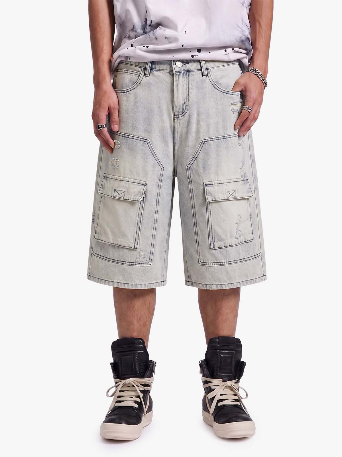 Revelse™ Distressed Denim Cargo Shorts Light Blue Oversized
