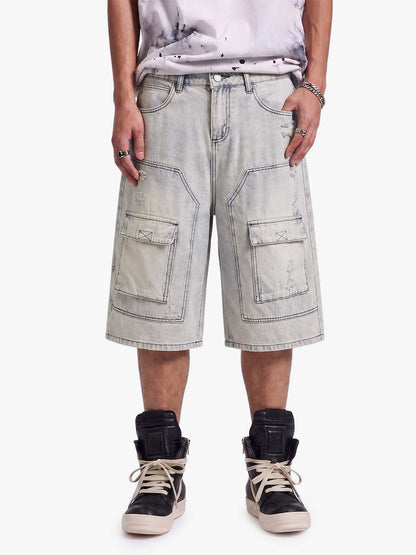 Revelse™ Distressed Denim Cargo Shorts Light Blue Oversized