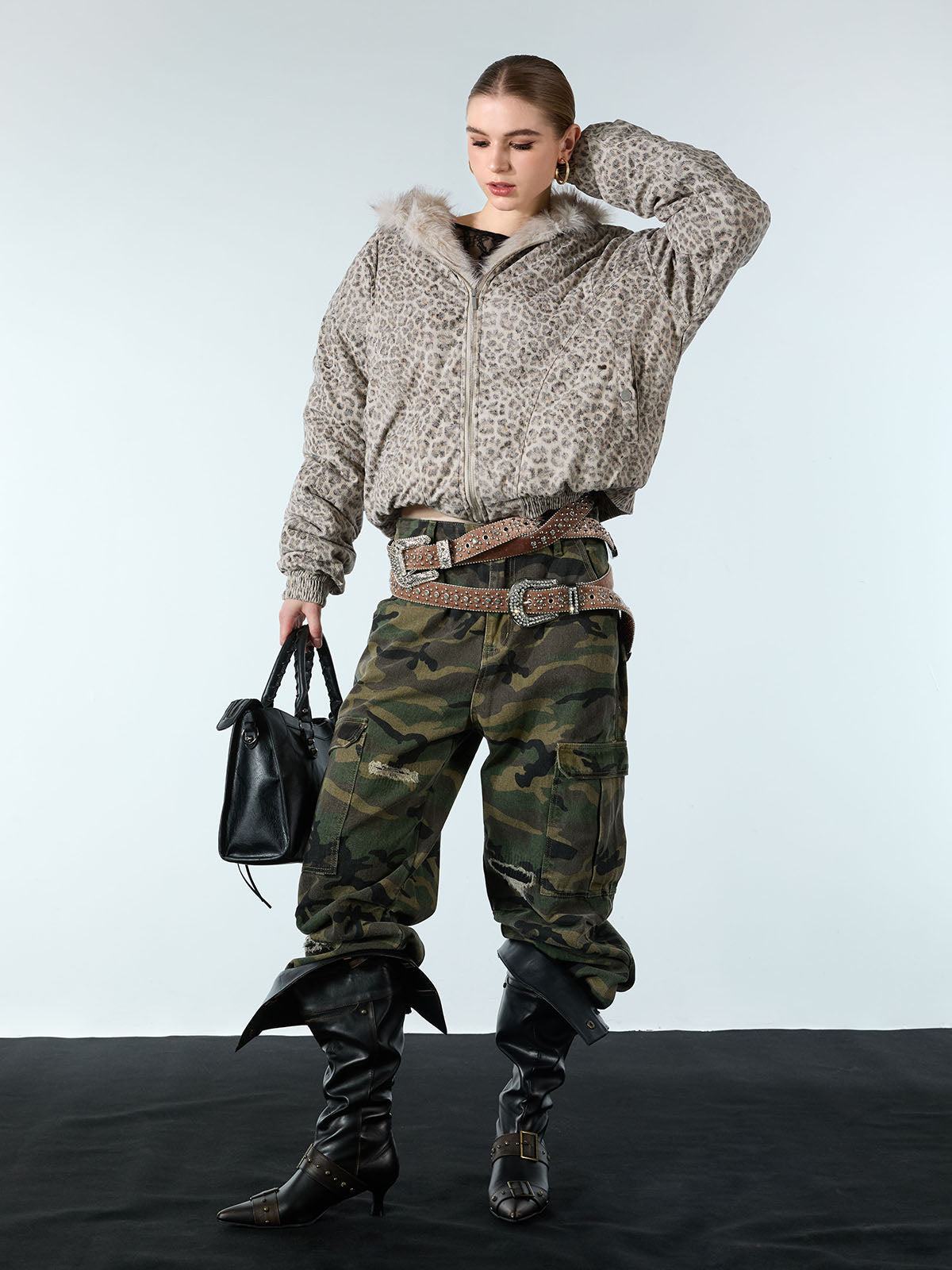 Cheetah Print Hooded Jacket with Faux Mink Fur Trim