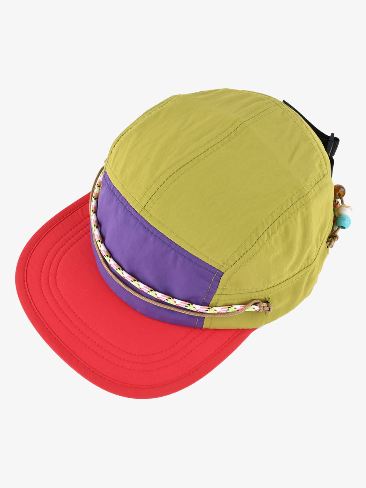 Rear view of colour block cap with beaded strap fastening
