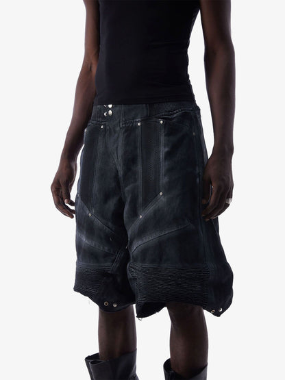Full product view of layered denim shorts with faux layer waistband