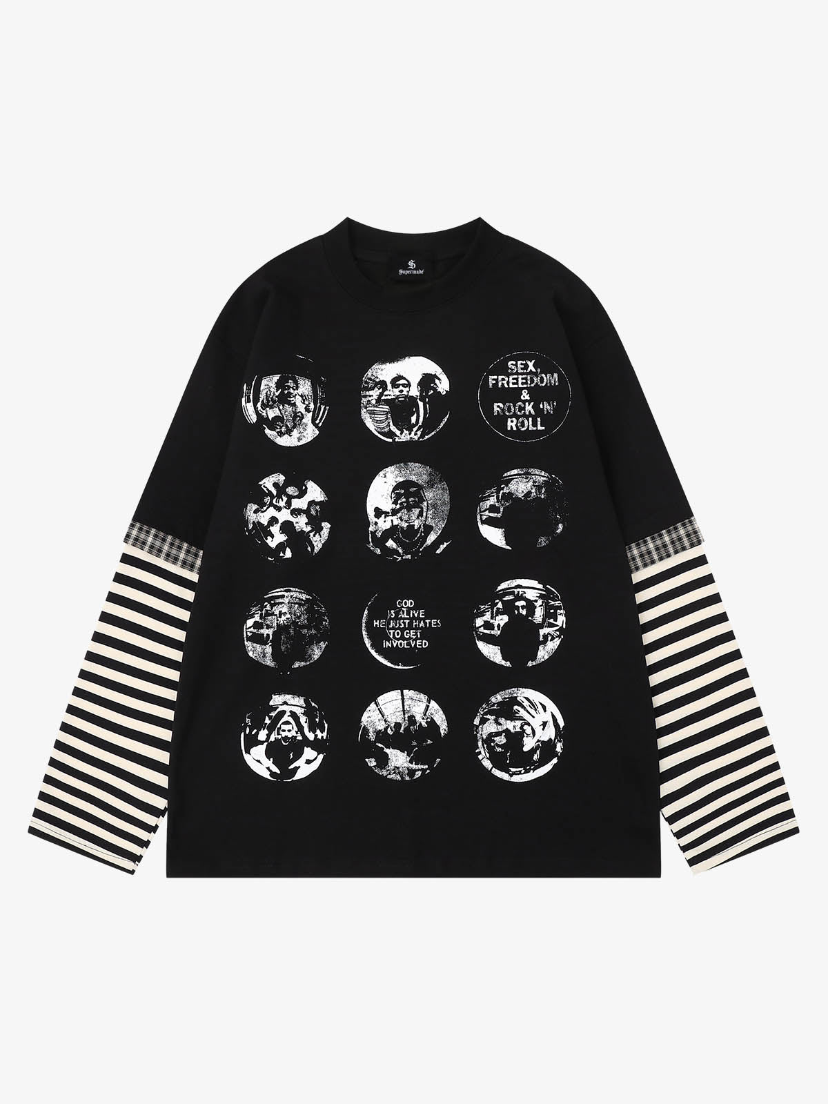 Model wearing oversized striped long sleeve graphic T-shirt in a relaxed fit