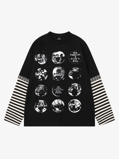 Model wearing oversized striped long sleeve graphic T-shirt in a relaxed fit
