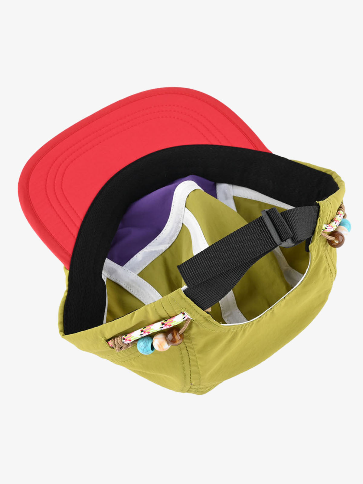Colour block 5-panel cap styled on a plain background