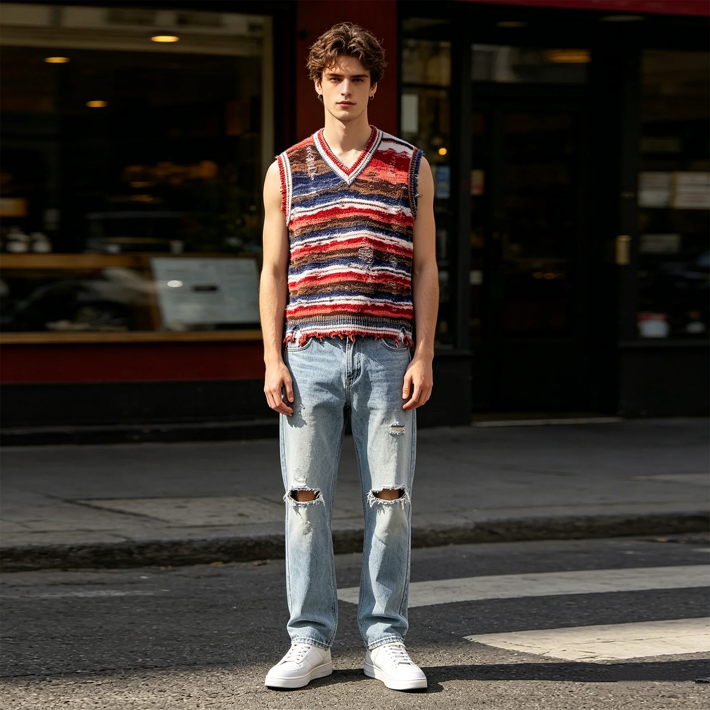 Baggy Knitted Sweater Vest Vintage Gradient Stripe Washed