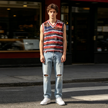 Baggy Knitted Sweater Vest Vintage Gradient Stripe Washed