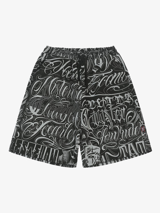 Black and white graphic lounge shorts with drawstring waist front view