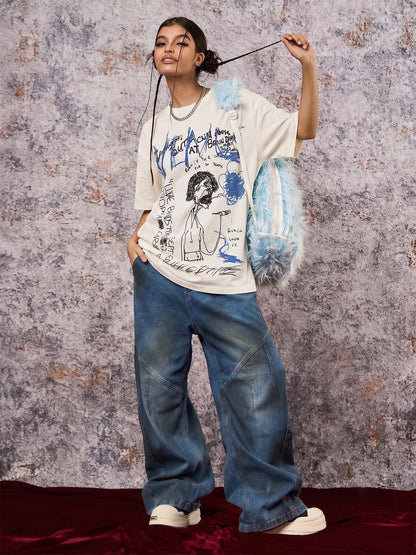 Revelse™  Abstract Cotton Oversized Graphic T-Shirt White