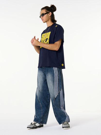 Contrast Stitching Barrel Leg Denim Jeans
