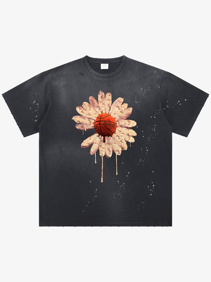 Floral Ink Splatter Graphic Basketball T-Shirt