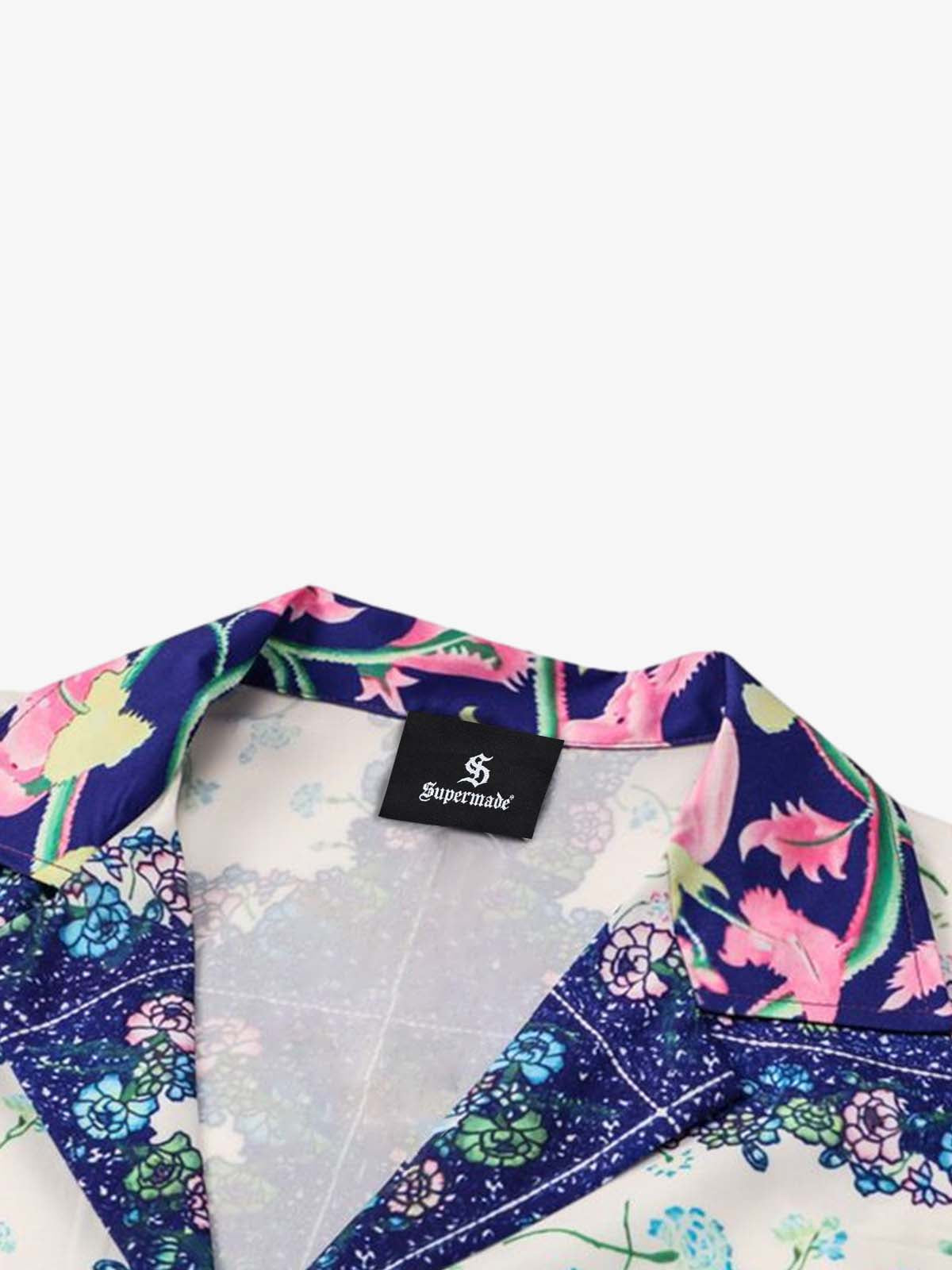 Revelse™  Boxy Cotton Blend Camp Collar Shirt Botanical Print Blue Green