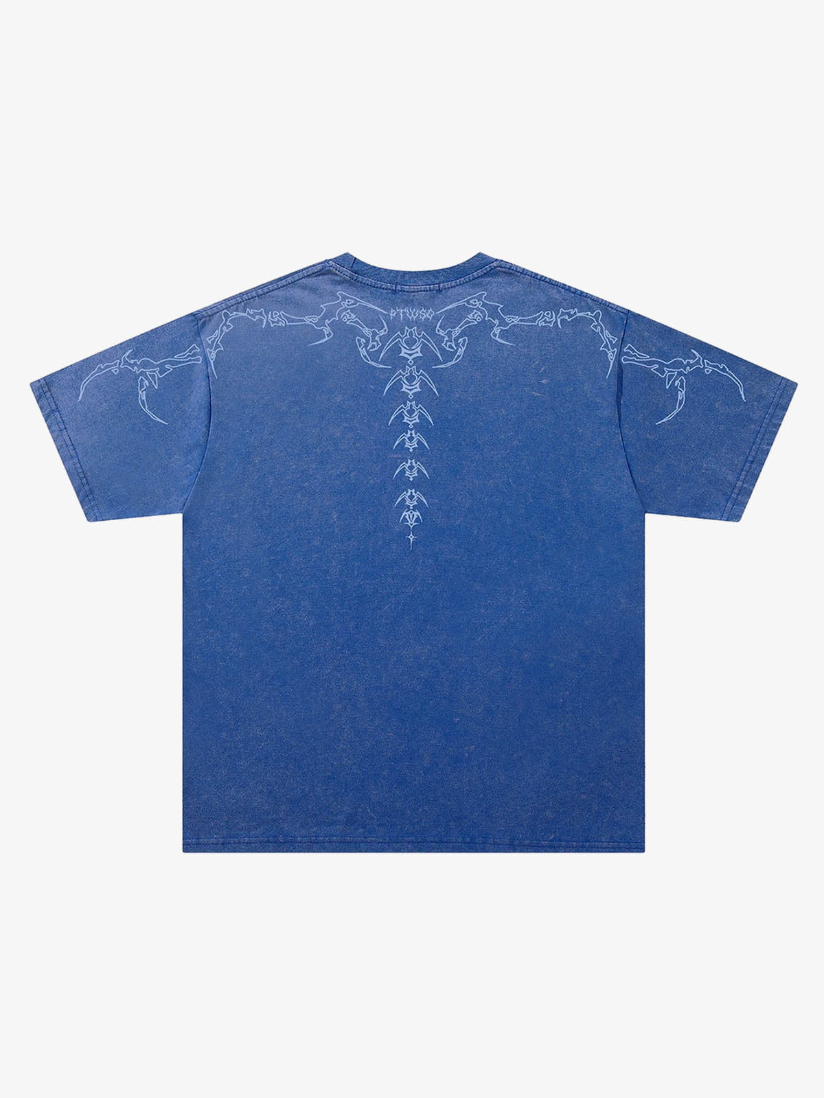 Close-up of crew neck and graphic detail on relaxed fit T-shirt