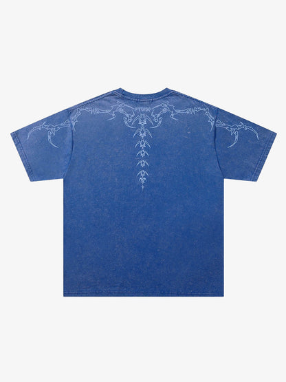 Close-up of crew neck and graphic detail on relaxed fit T-shirt