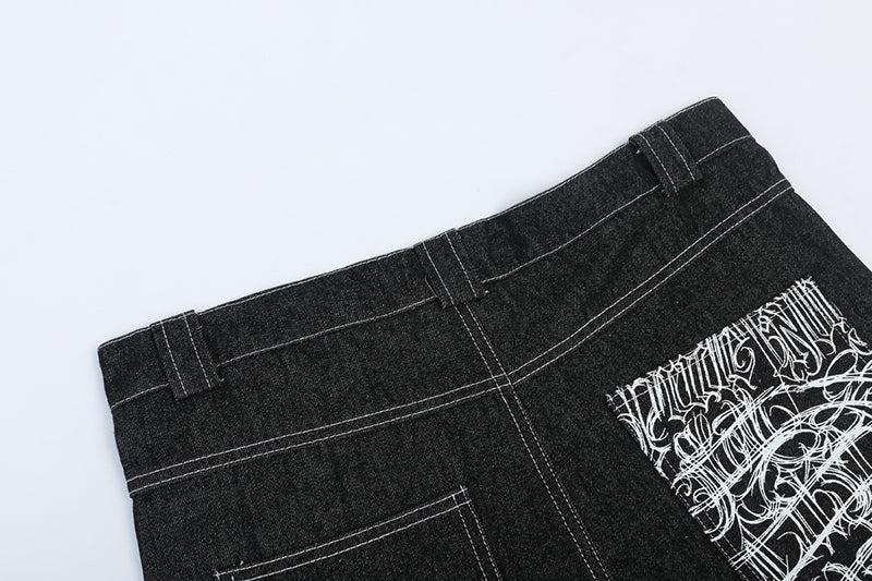Men’s Graffiti Print Denim Shorts Hip-Hop Streetwear