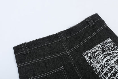 Men’s Graffiti Print Denim Shorts Hip-Hop Streetwear