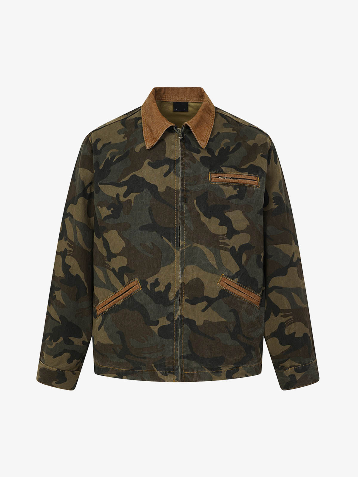 Washed camouflage denim work jacket with corduroy trim, front buttons and utility pockets
