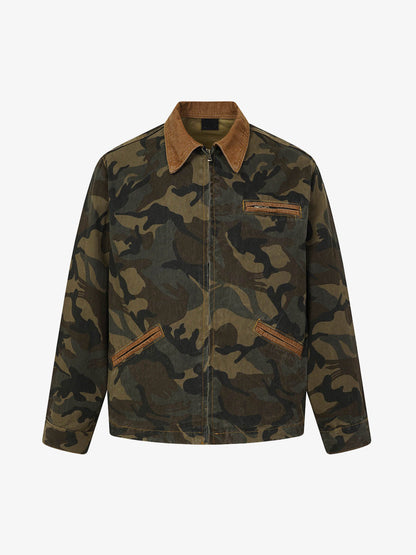 Washed camouflage denim work jacket with corduroy trim, front buttons and utility pockets