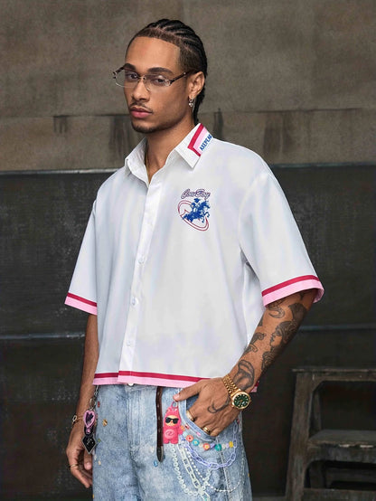 Men's Denim Print Crop Shirt Short Sleeve Casual