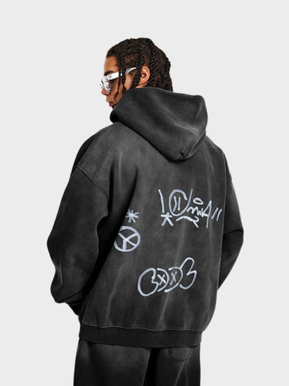Unisex Graffiti Print Washed Zip-Up Hoodie