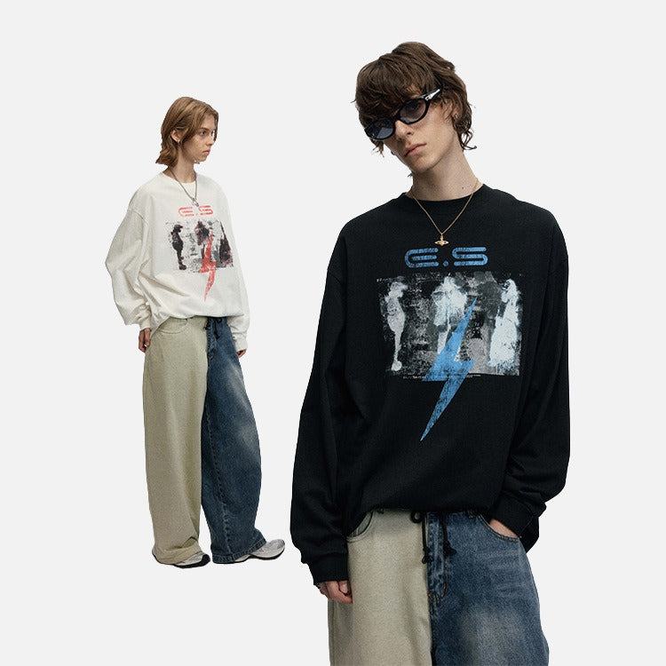Oversized Abstract Lightning Graphic Long Sleeve T-Shirt