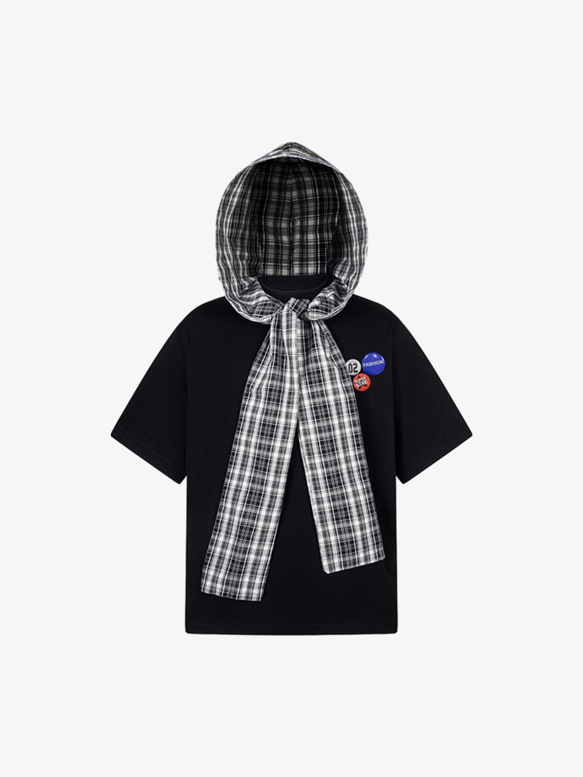 Plaid Jersey Knit Hooded Cape T-Shirt with Detachable Badge
