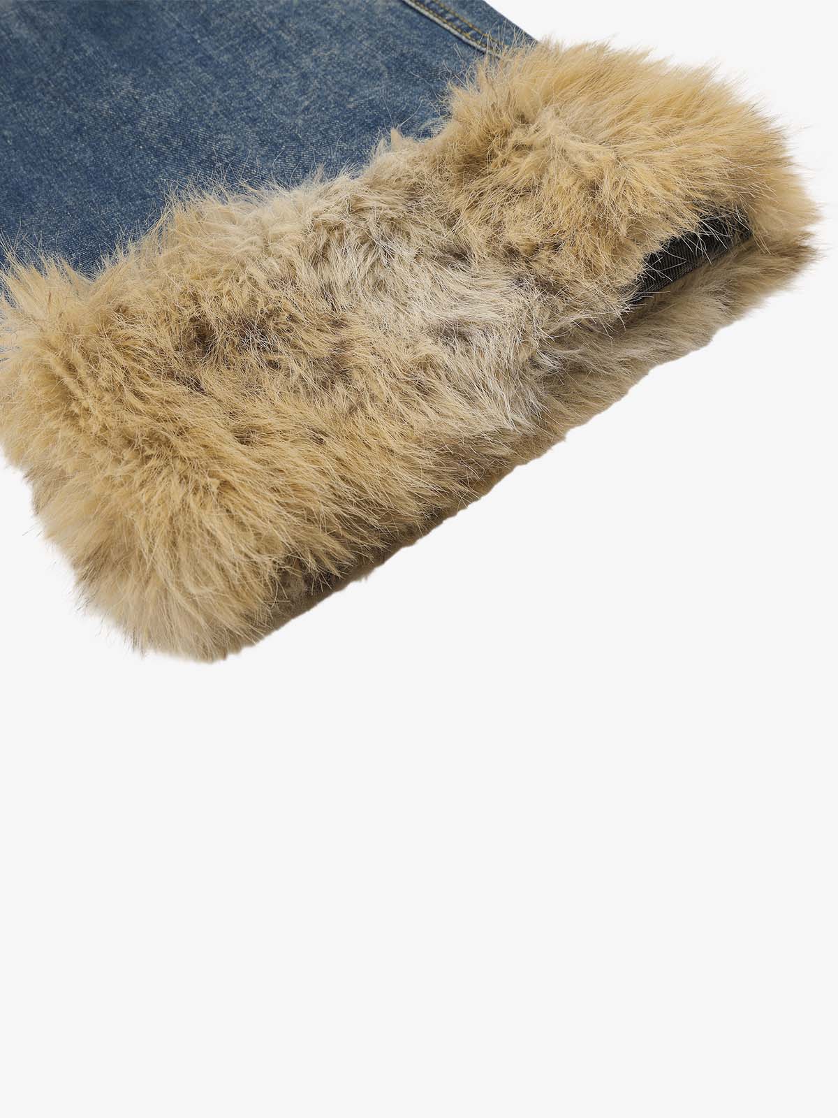 Full view of statement jeans with wide legs and faux fur cuffs