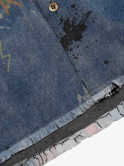 Tie-Dye Denim Polo T-Shirt with Graffiti Print