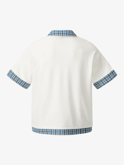 Revelse™  Pique Cotton Polo Shirt With Plaid Contrast Collar and Cuffs