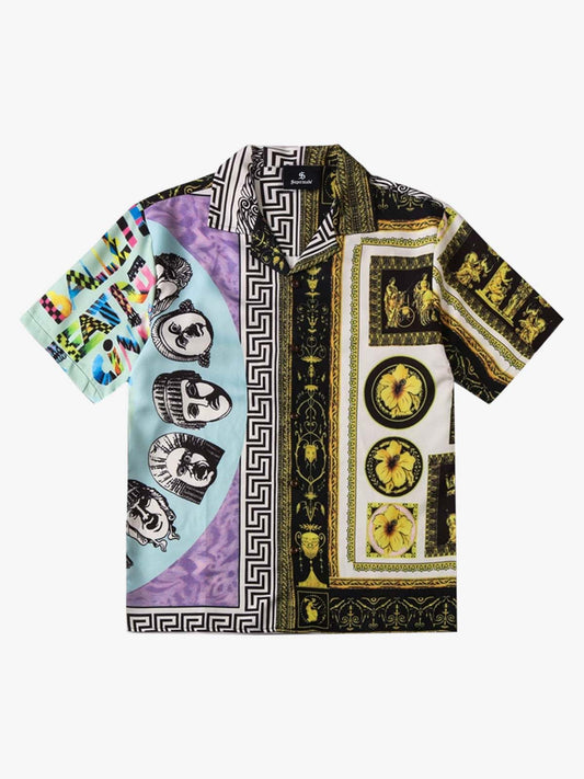 Patterned cotton linen scarf draped flat, showing lightweight woven fabric and baroque patchwork design