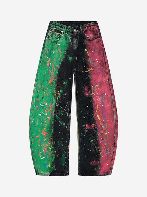 Paint-splatter wide-leg jeans with artistic denim detailing