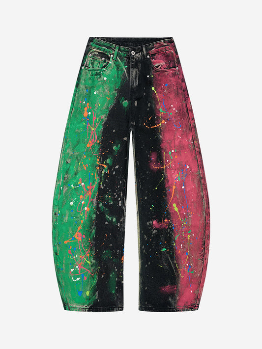 Paint-splatter wide-leg jeans with artistic denim detailing