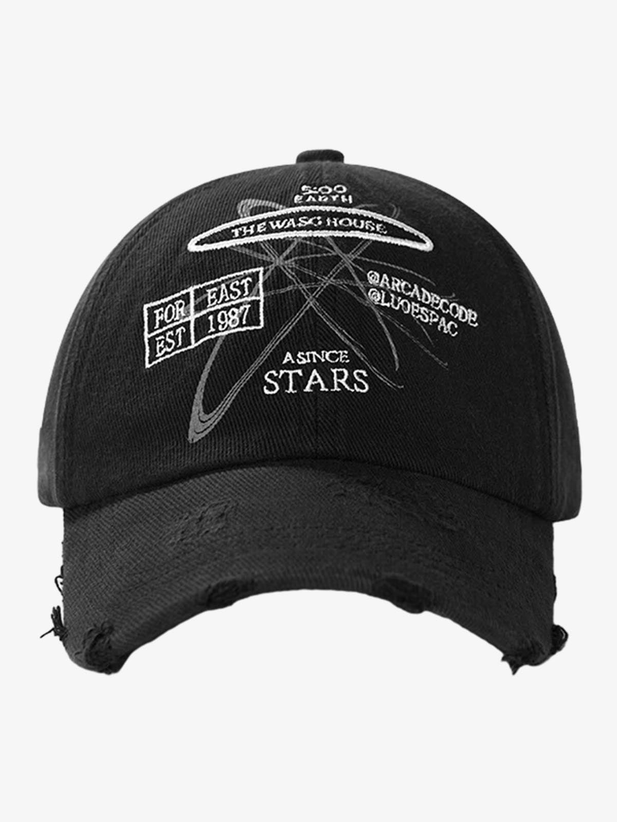 Angled view of embroidered baseball cap with distressed detailing
