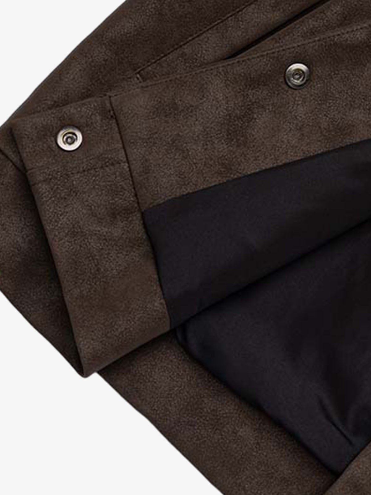 Brown faux leather jacket shown with its cropped length and long sleeves