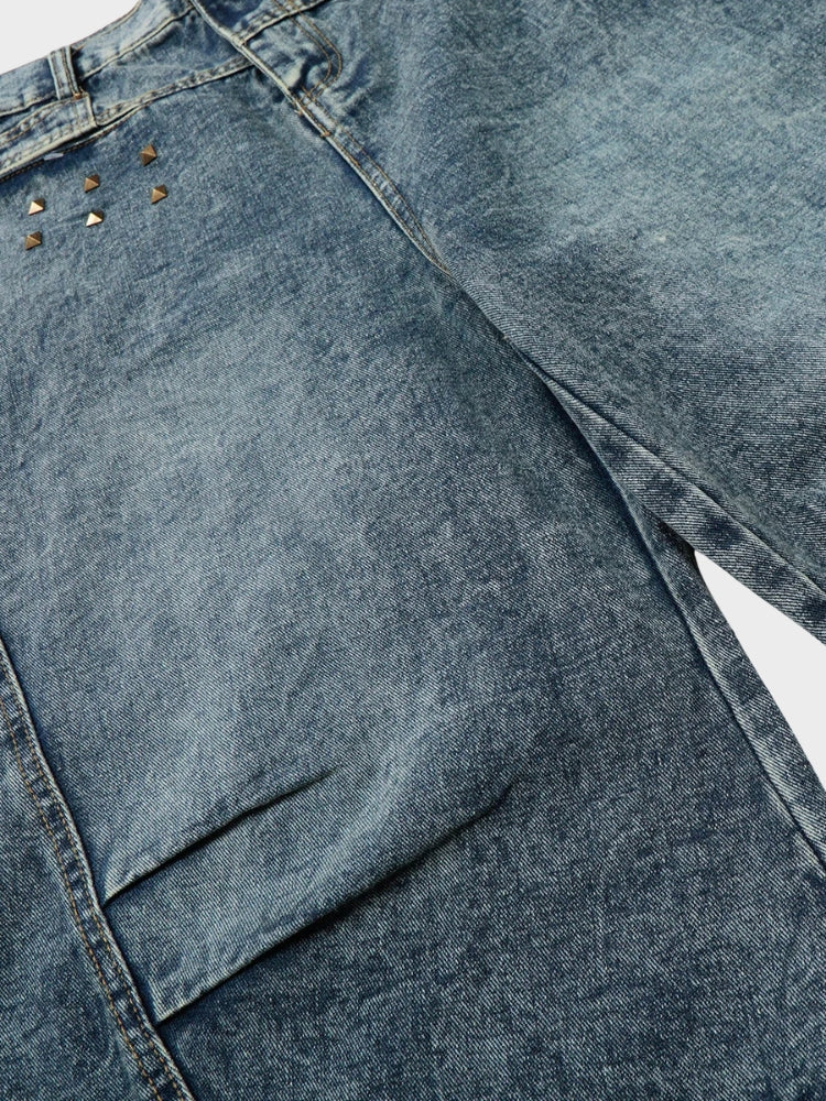 Longline Baggy Studded Denim Shorts Gray Blue