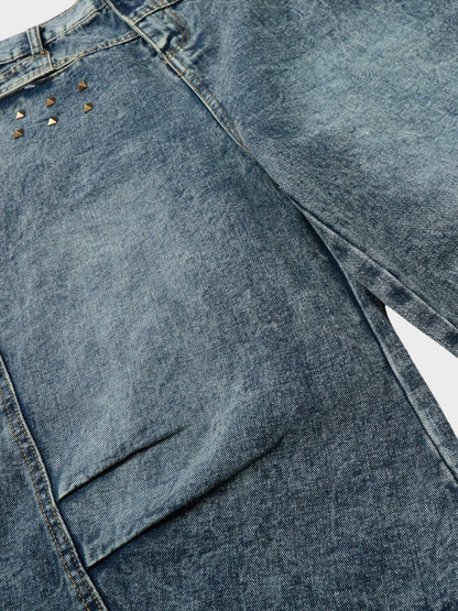 Longline Baggy Studded Denim Shorts Gray Blue